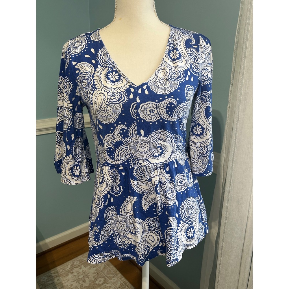 Boden Womens Blue White Paisley Floral V-Neck Bell Sleeve Peplum Top Size US 6